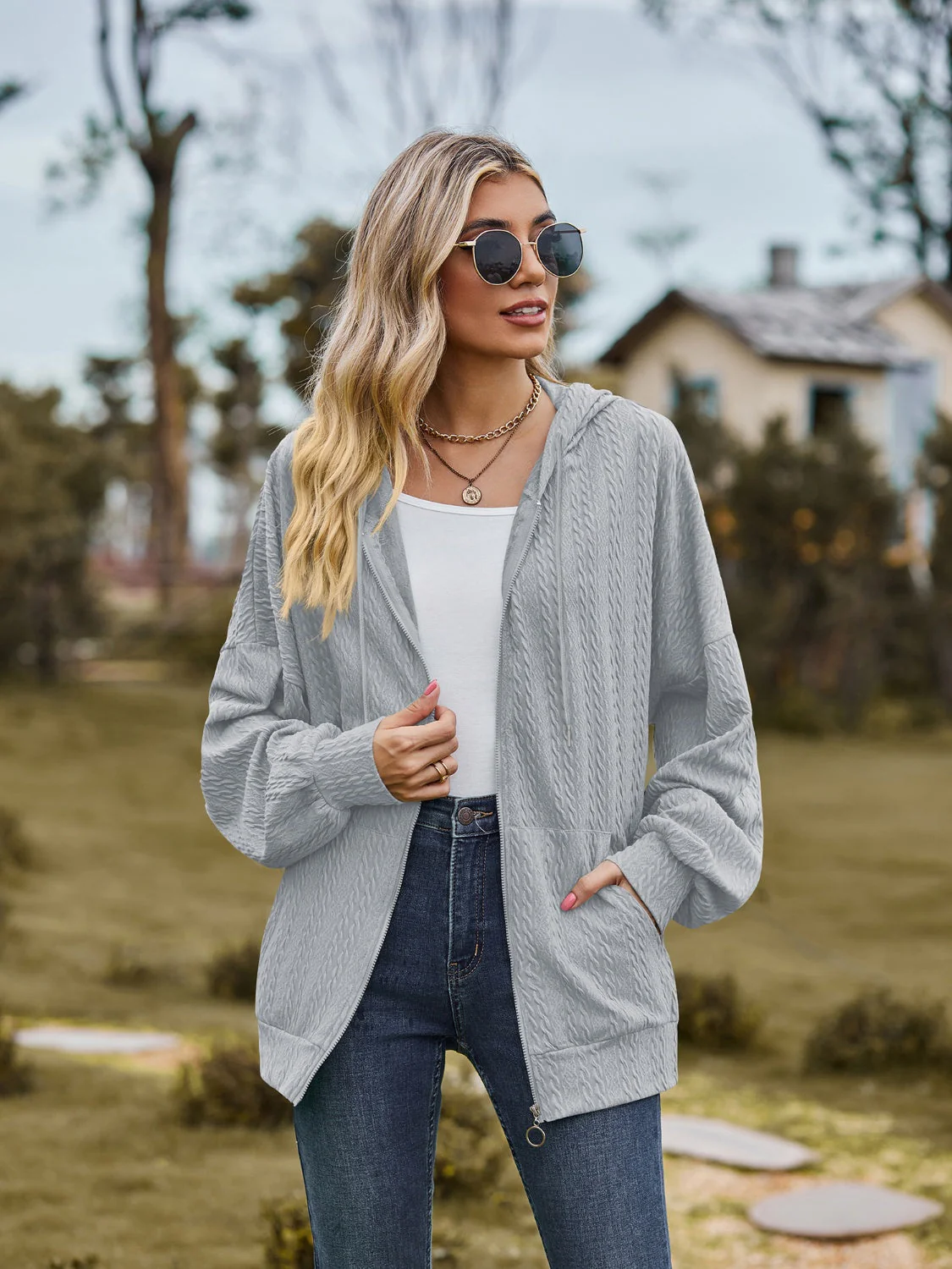 Zip Up Drawstring Long Sleeve Hooded Jacket - Image 15