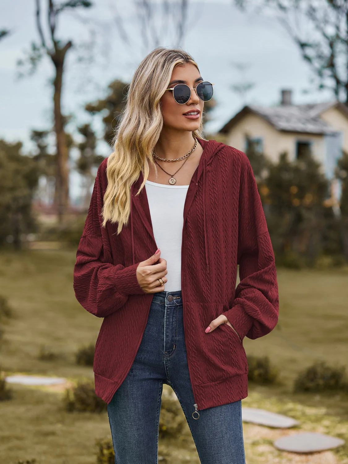 Zip Up Drawstring Long Sleeve Hooded Jacket - Image 18