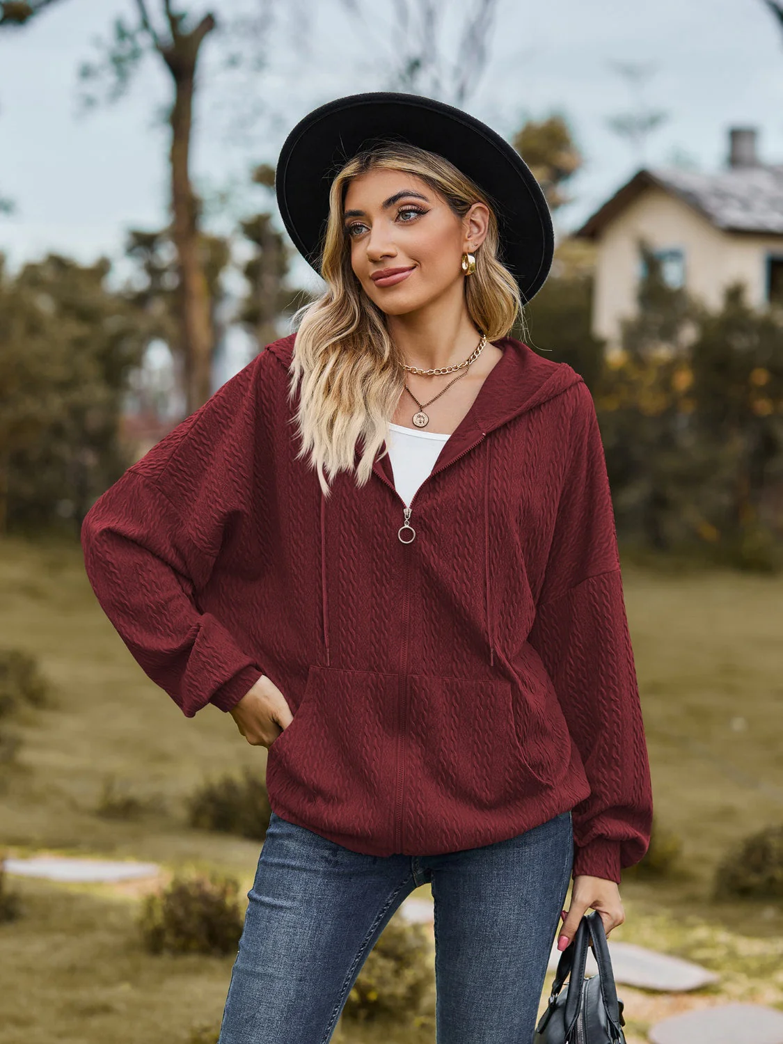 Zip Up Drawstring Long Sleeve Hooded Jacket - Image 19
