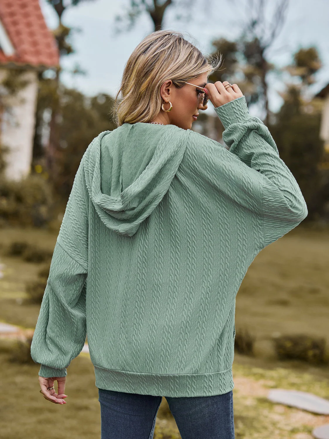 Zip Up Drawstring Long Sleeve Hooded Jacket - Image 2