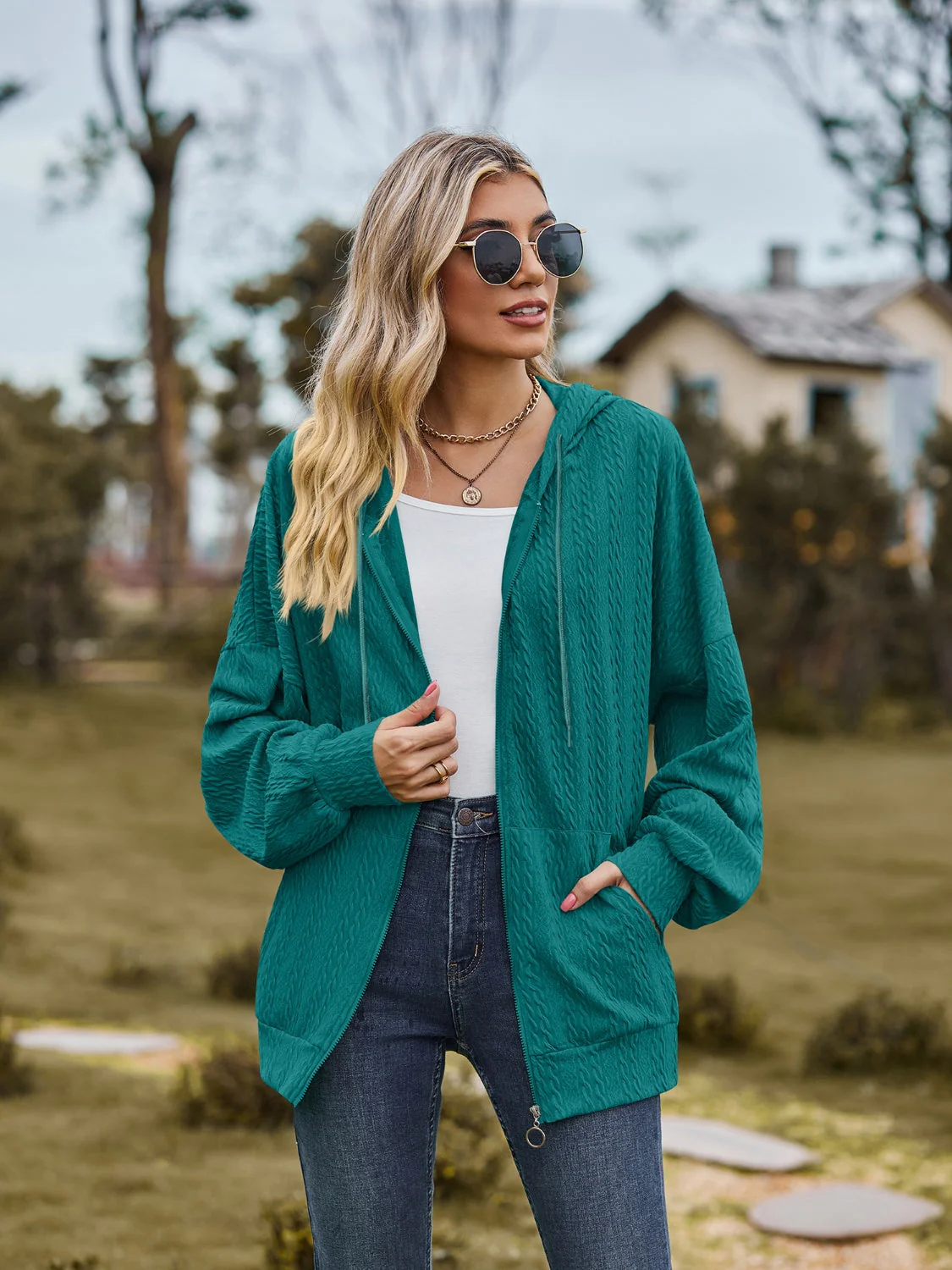 Zip Up Drawstring Long Sleeve Hooded Jacket - Image 21