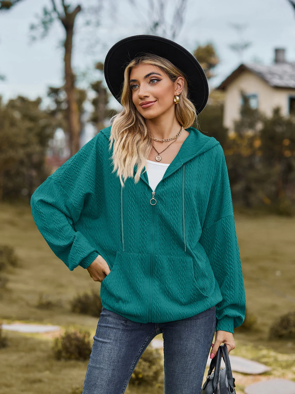 Zip Up Drawstring Long Sleeve Hooded Jacket - Image 22