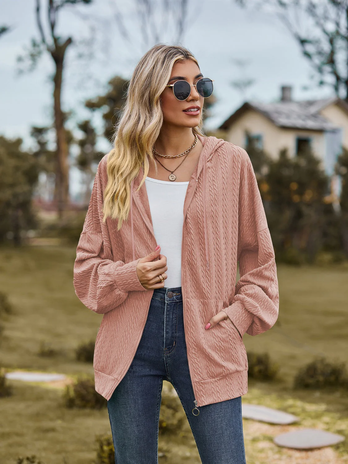 Zip Up Drawstring Long Sleeve Hooded Jacket - Image 24