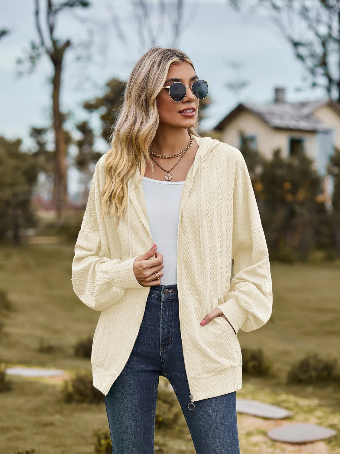 Zip Up Drawstring Long Sleeve Hooded Jacket - Image 27
