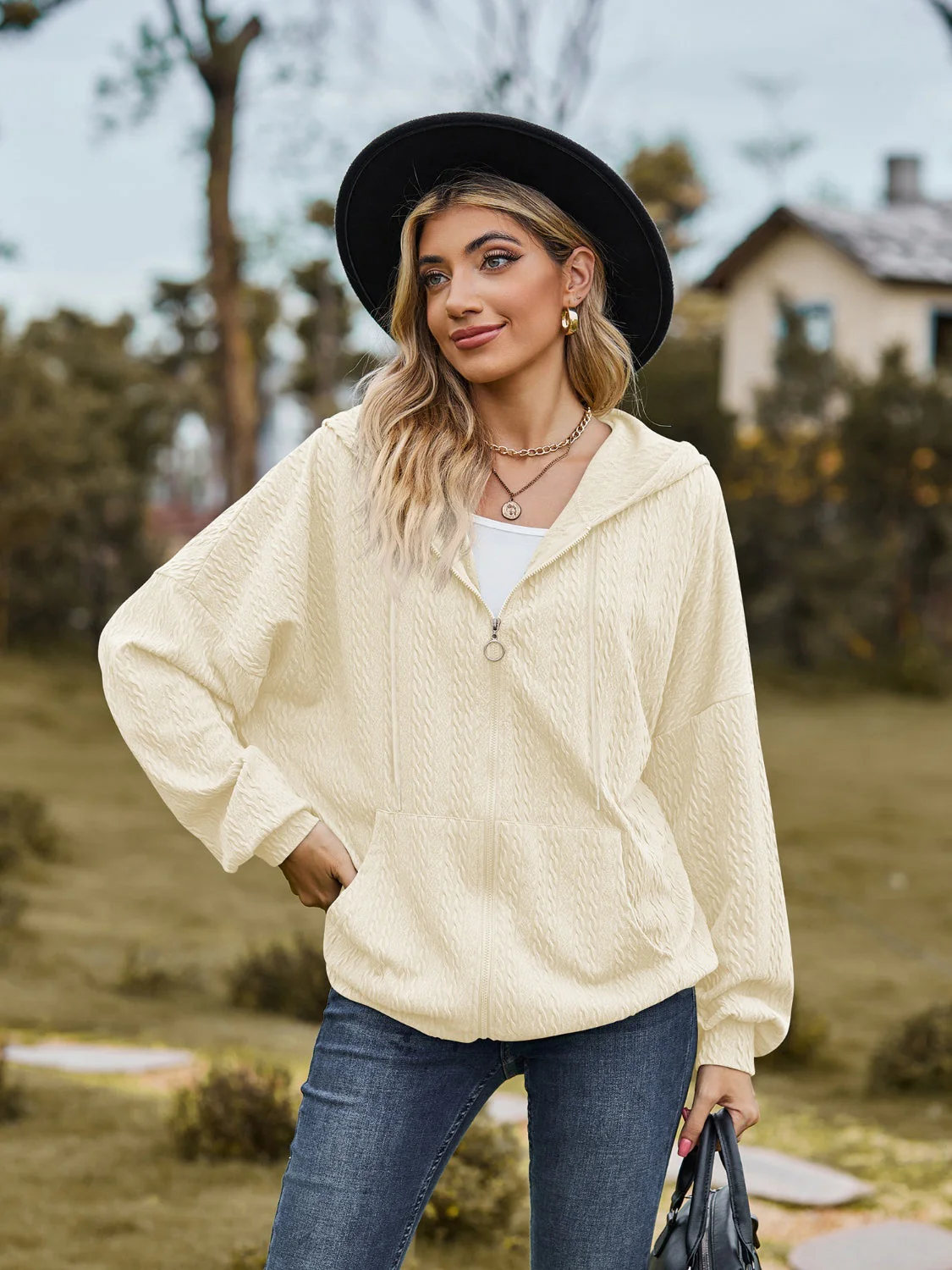 Zip Up Drawstring Long Sleeve Hooded Jacket - Image 28