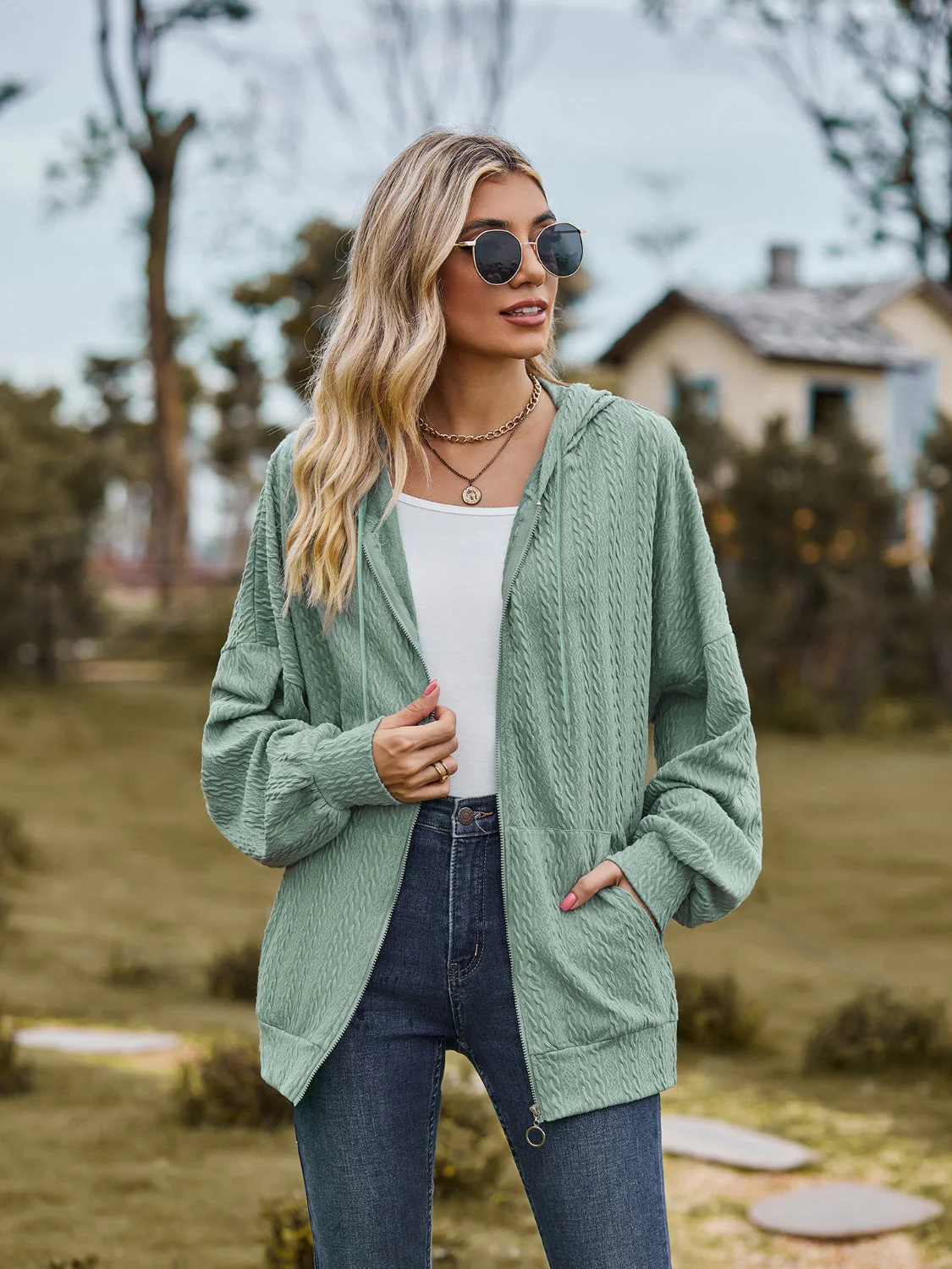 Zip Up Drawstring Long Sleeve Hooded Jacket - Image 3