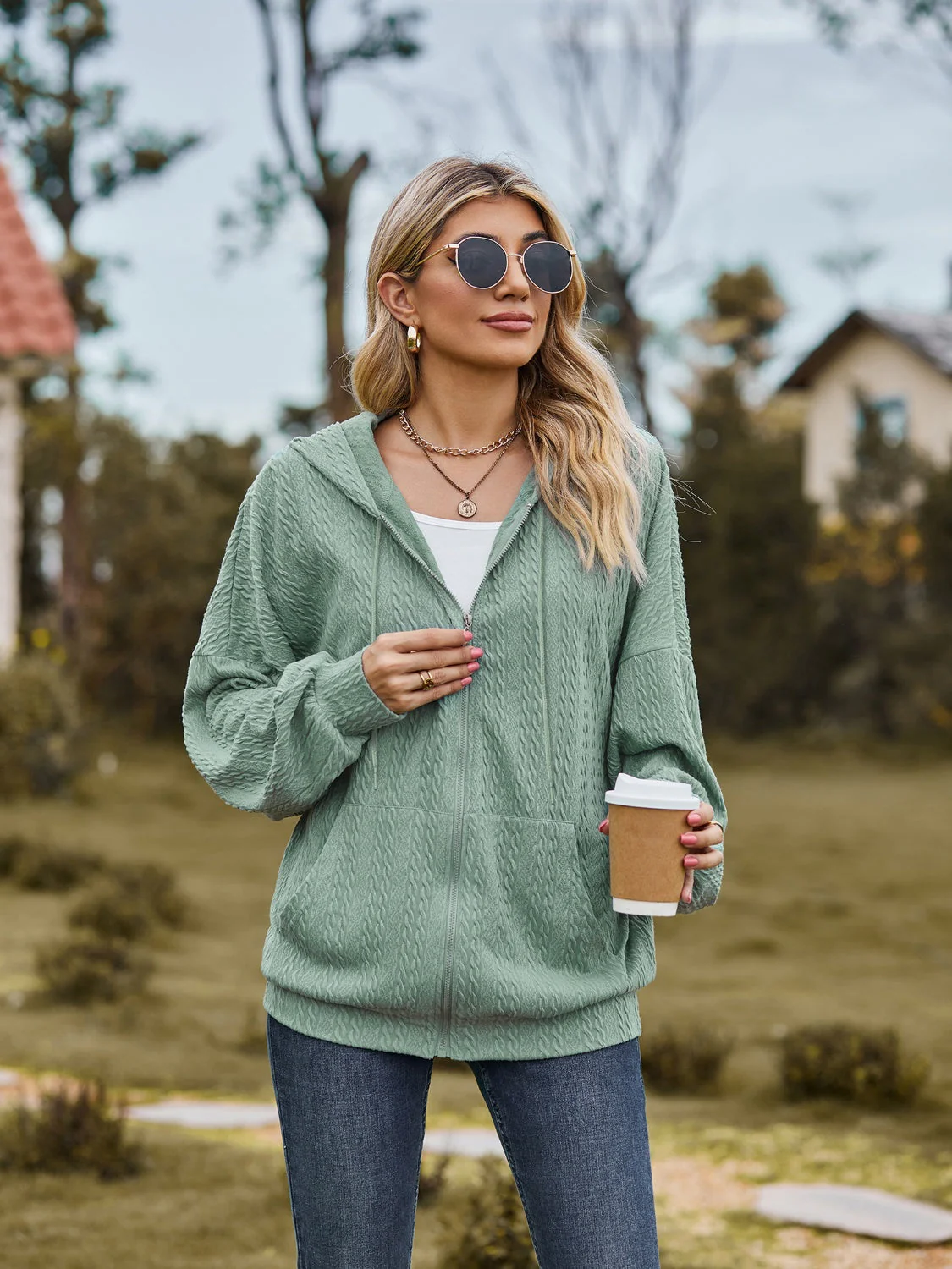 Zip Up Drawstring Long Sleeve Hooded Jacket - Image 6