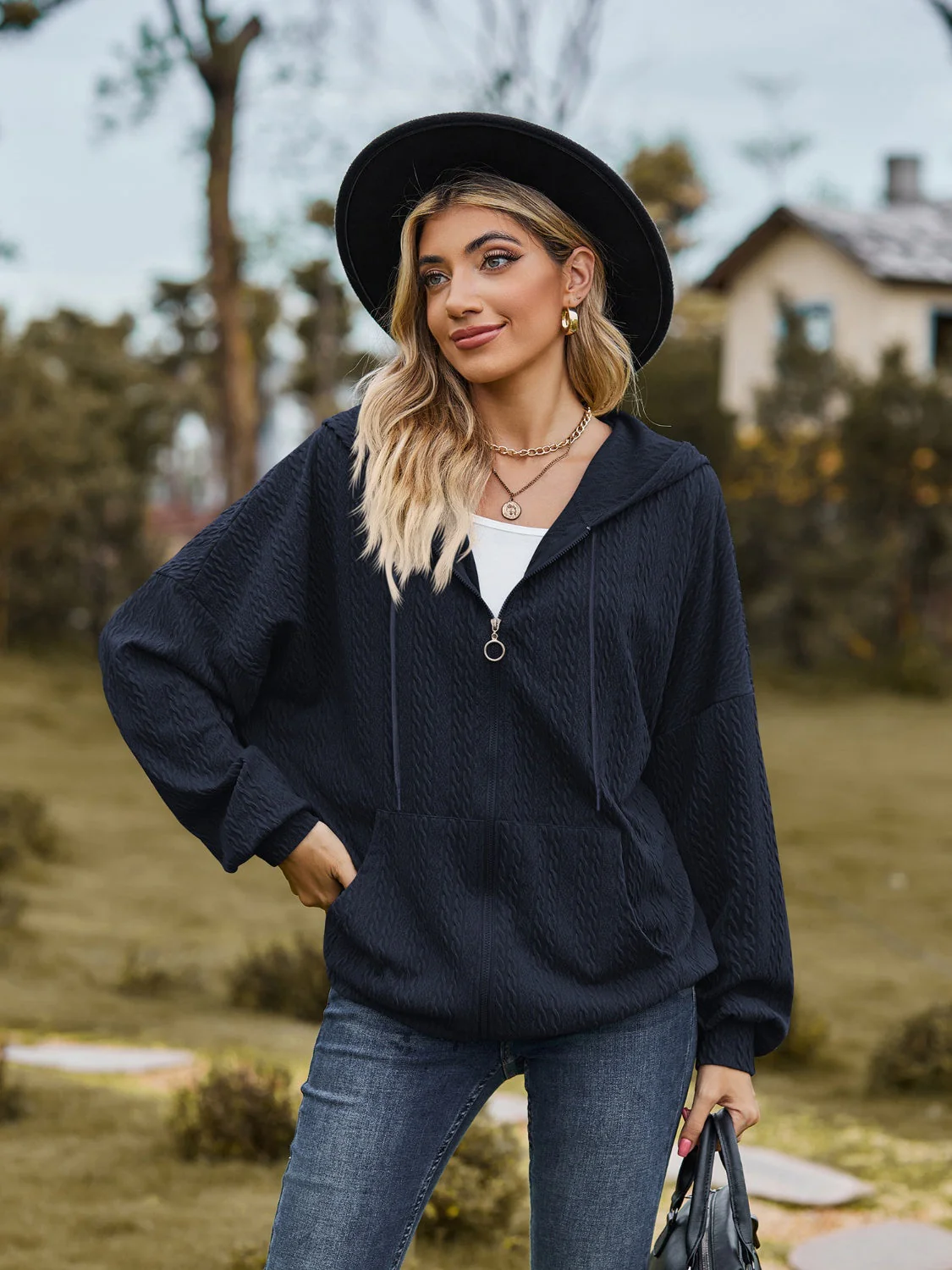 Zip Up Drawstring Long Sleeve Hooded Jacket - Image 7