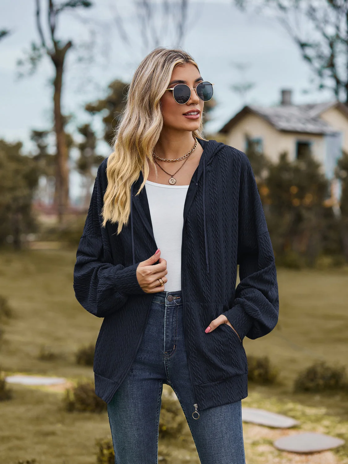 Zip Up Drawstring Long Sleeve Hooded Jacket - Image 8