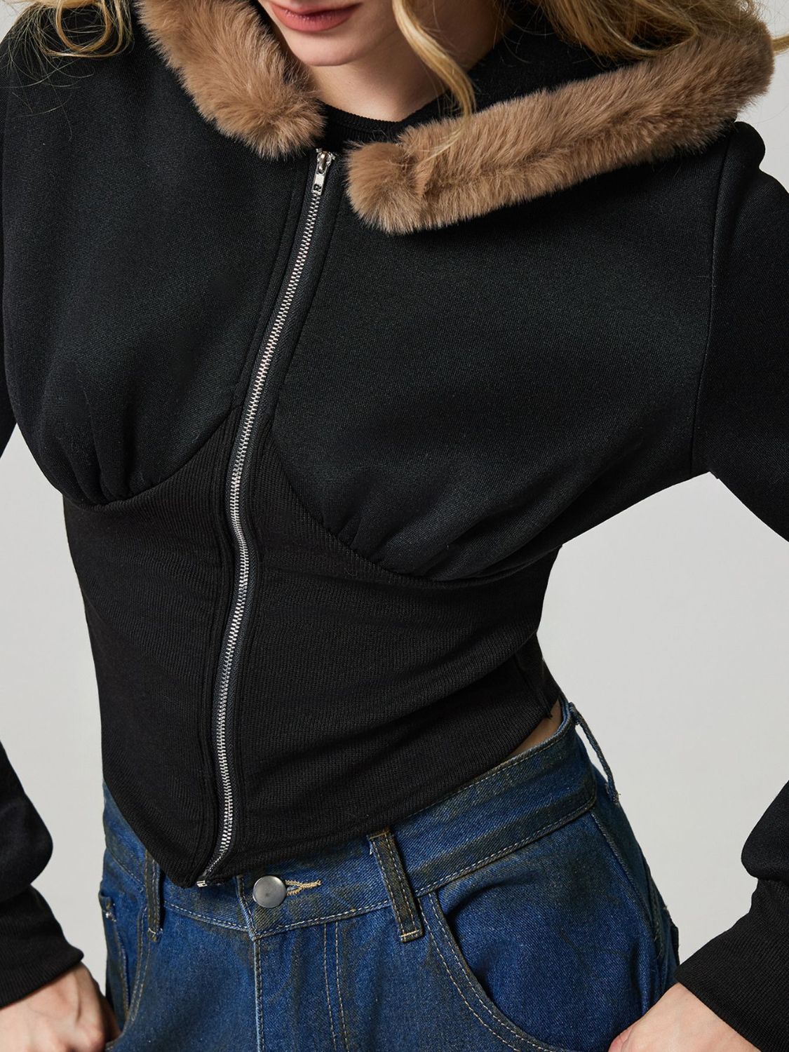 Zip Up Long Sleeve Fuzzy Hem Hooded Jacket - Image 2