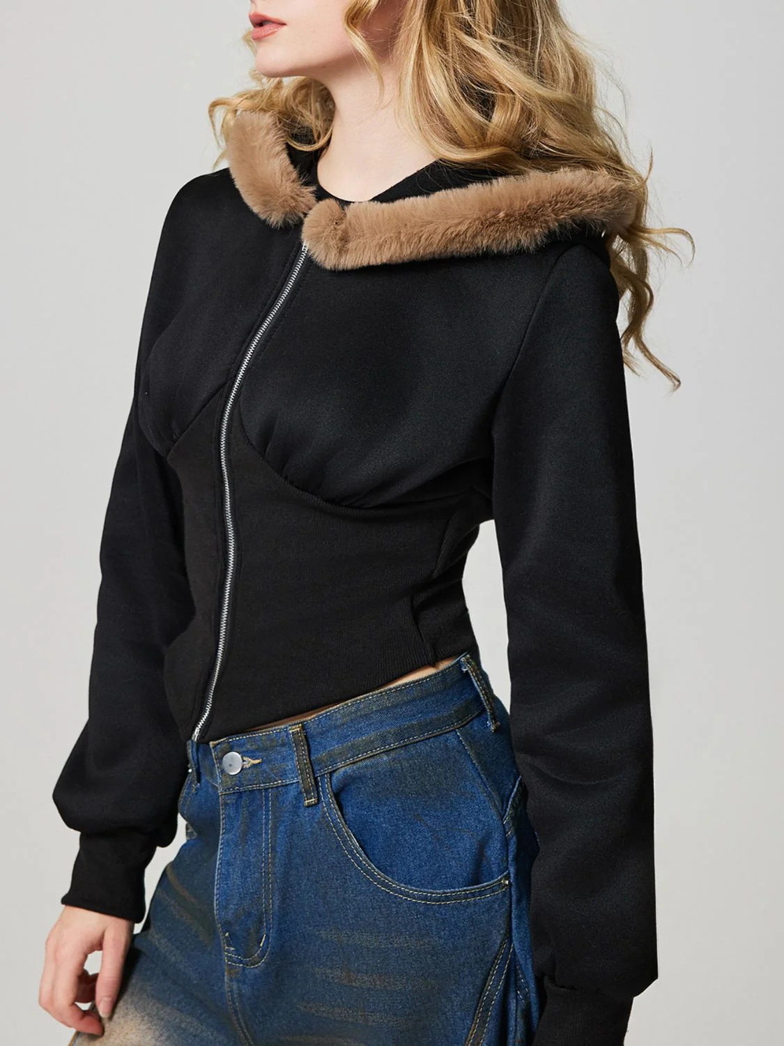 Zip Up Long Sleeve Fuzzy Hem Hooded Jacket - Image 4