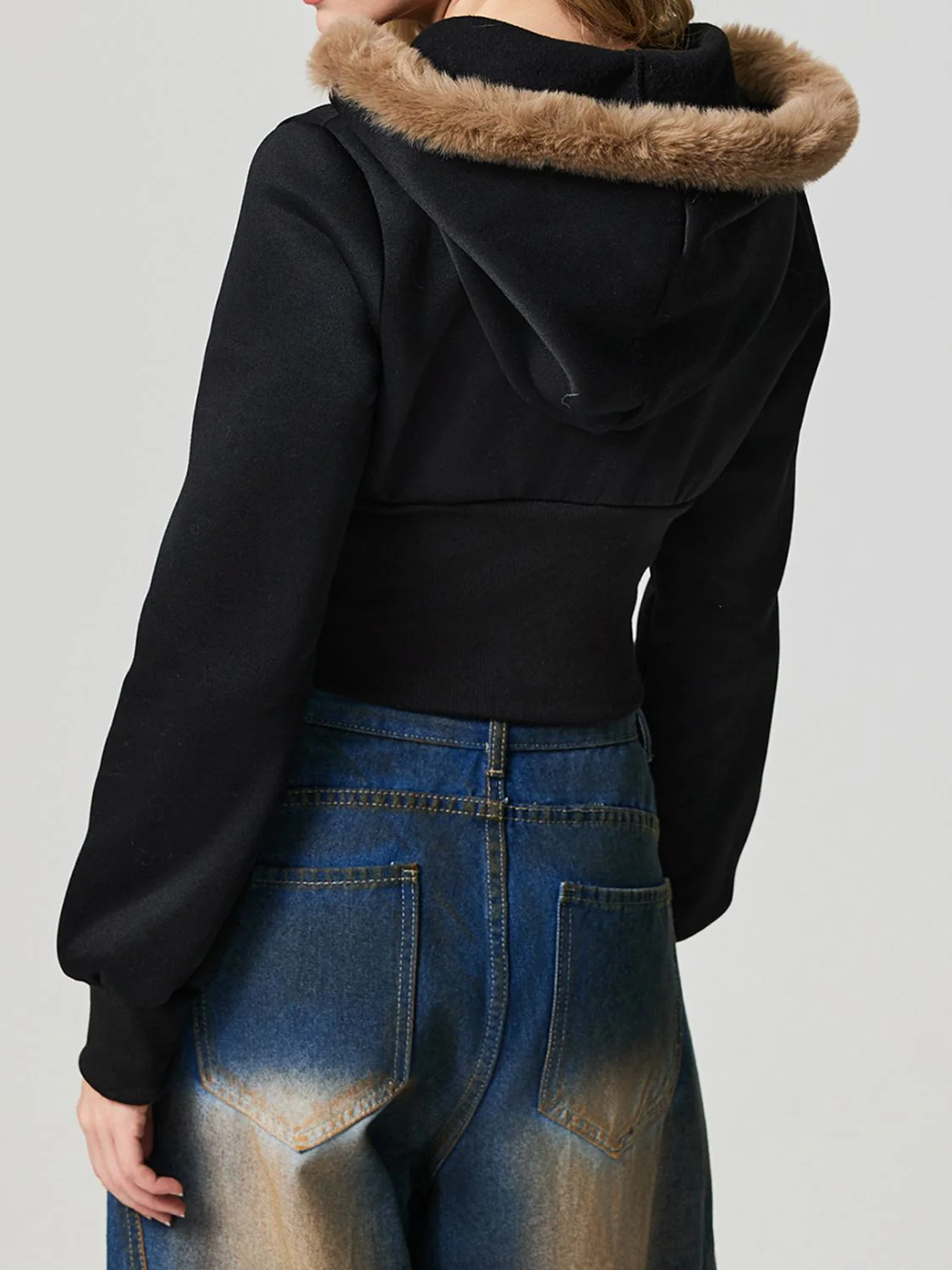 Zip Up Long Sleeve Fuzzy Hem Hooded Jacket - Image 5