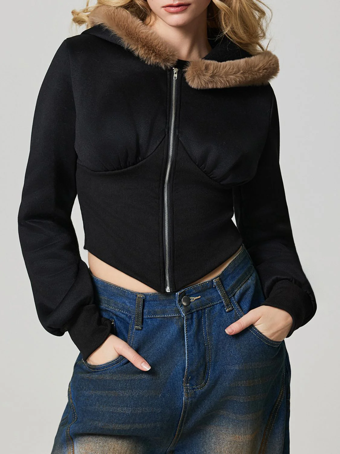 Zip Up Long Sleeve Fuzzy Hem Hooded Jacket - Image 6