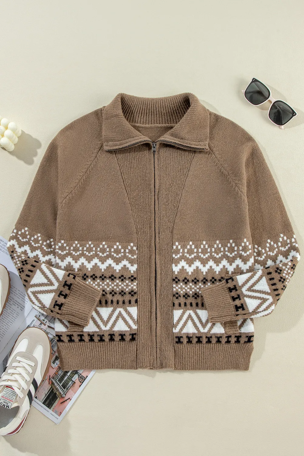Zip Up Long Sleeve Geometric Cardigan - Image 3